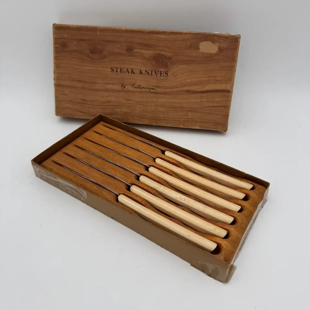 Mid Century Cattaraugus Steak Knife Set (6) in Wooden Holder w Box MCM